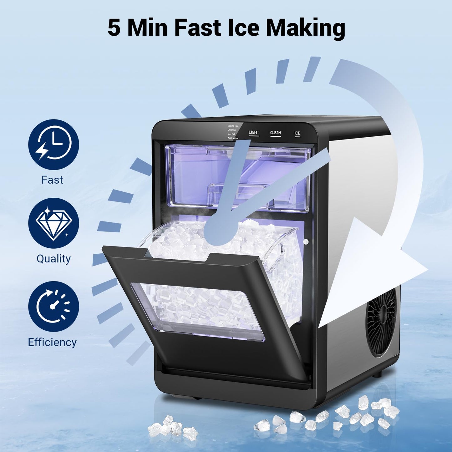 43lbs/24h Nugget Ice Maker Chewable Ice Ready in 5-10Mins, Self-Cleaning Stainless Steel Countertop Ice Maker for Home, Kitchen, Office, Party