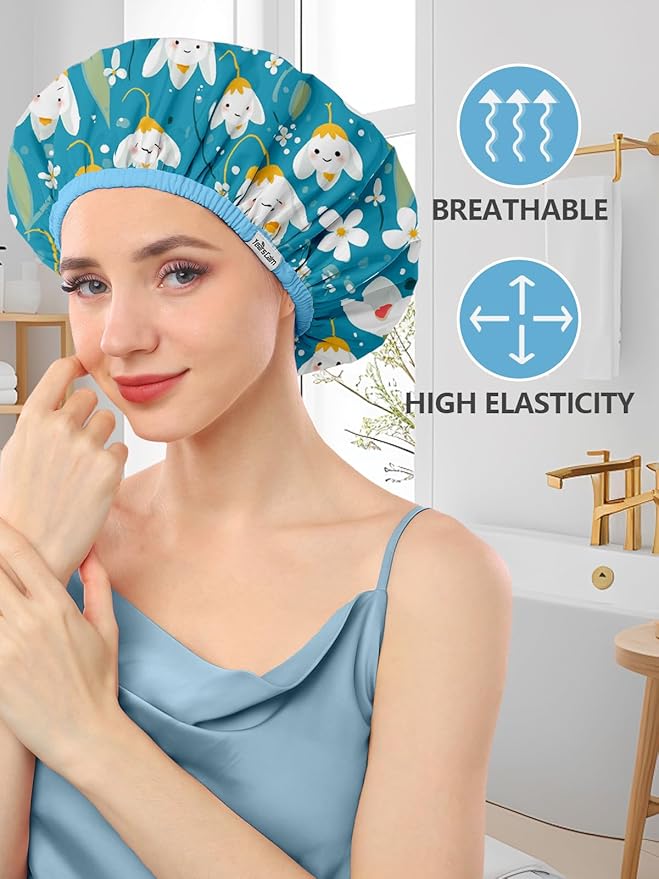 Years calm Shower Caps for Women Reusable Waterproof, Double Layer Waterproof Fabric - Both Sides Usable, Reversible Pattern & Solid Color Design, Soft Elastic Keeps Hair Dry for shower Spa Travel