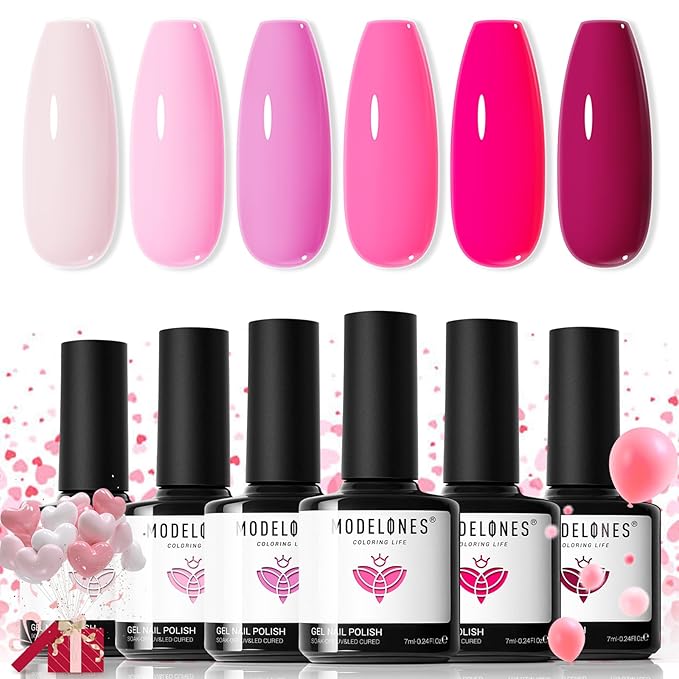 Modelones Pink Gel Nail Polish Set- 6 Colors 2026 Mothersday Summer Spring Pastel Hot Pink Tones Neon Pink White Gel Polish Magenta Light Soft to Dark LED Nail Art for Nail Lovers Gift DIY Starter Kit