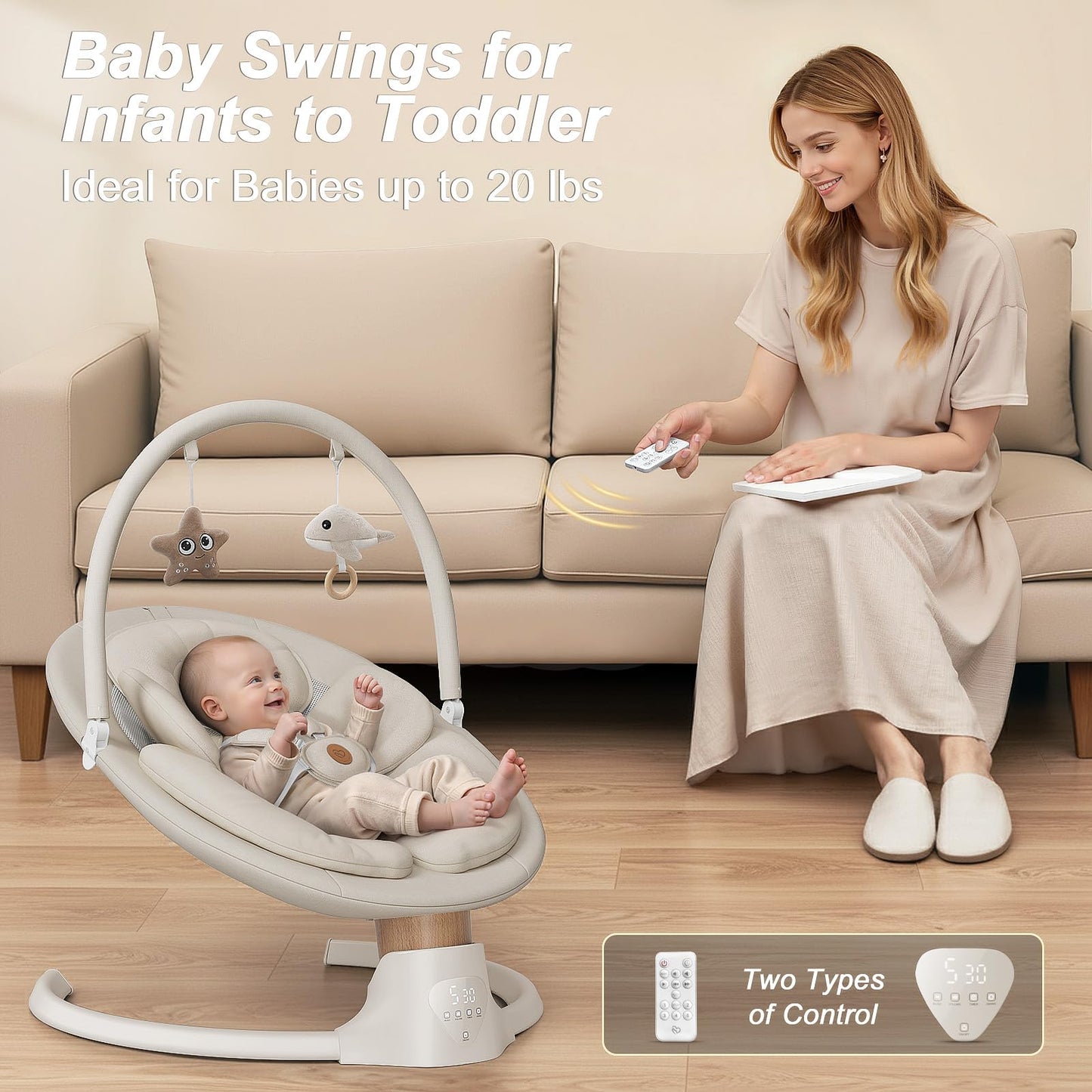 Baby Swings for Infants, FasonBaby Electric Baby Swing with 10 Preset Melodies, 5 Speeds, Remote Control and Bluetooth - Portable Infant Swing for Indoor and Outdoor(Beige)