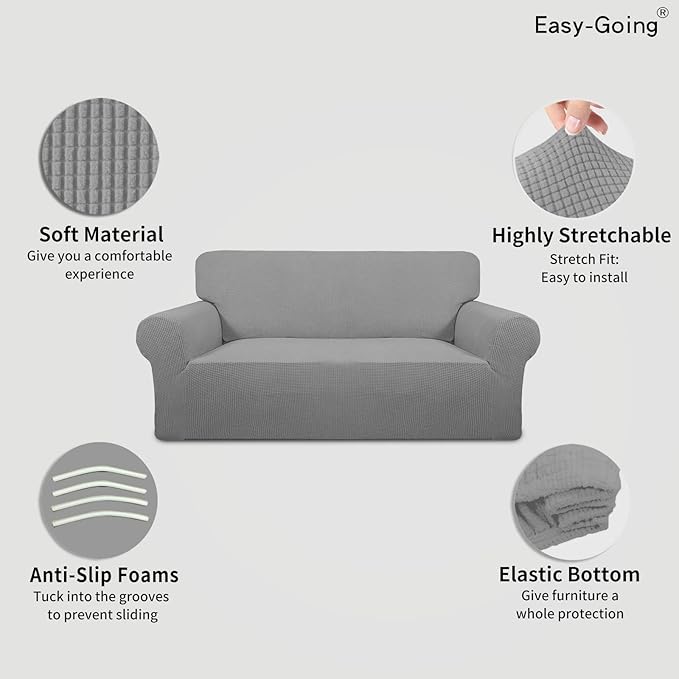 Easy-Going Stretch Oversized Loveseat Slipcover 1-Piece Sofa Cover Furniture Protector Couch Soft with Elastic Bottom for Kids Polyester Spandex Jacquard Fabric Small Checks Light Gray