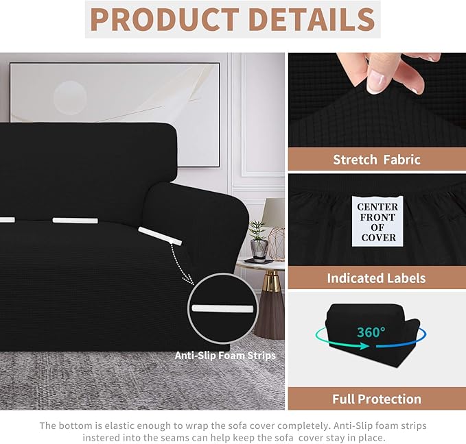 Easy-Going 100% Waterproof Oversized Loveseat Couch Cover, Dual Waterproof Sofa Cover, Stretch Jacquard Sofa Slipcover, Leakproof Furniture Protector for Kids, Pets, Dog and Cat, Black