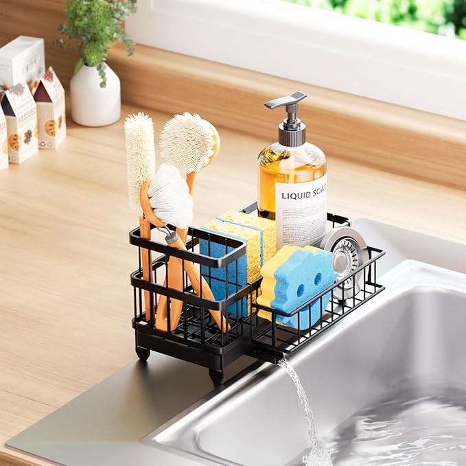 Consuemst Sponge Holder for Kitchen Sink - Auto Draining Sink Caddy Organizer with Detachable Rack, High Brush Holder, Kitchen Countertop Storage Accessories, Black