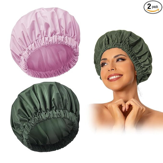 Reusable Shower Cap for Women, Large Waterproof Shower Bonnet with Elastic Band, Washable Bath Hair Cap for Long, Curly Hair, Braids, Daily Shower, Home Spa, Travel(Green&Purple)