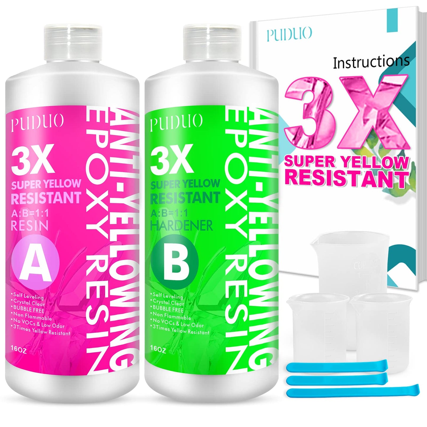 Epoxy Resin Crystal Clear Kit, Super Anti-Yellowing Craft Resin Epoxy 32OZ(16OZ Resin and 16OZ Hardener) for Art, Jewelry Making, Casting, Silicone Molds,Craft,Pigment by Puduo