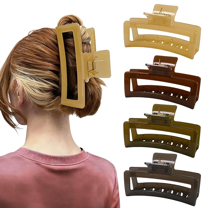 5 Inch XL Jumbo Claw Clips for Thick and Long Hair, 4-Pack Oversized Translucent Rectangle Hair Clips for Women, Strong Hold Non-Slip Jaw Clips, Jelly Colors