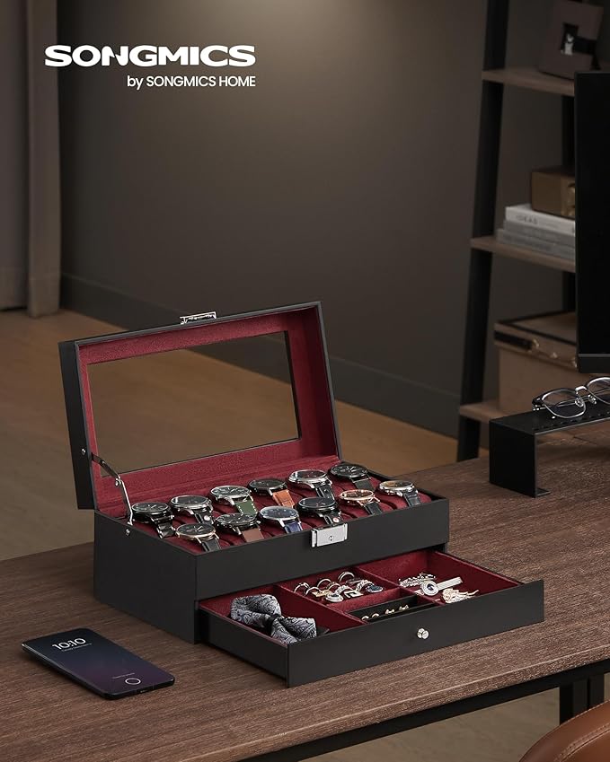 SONGMICS Watch Box, 12-Slot Watch Case Organizer with Large Glass Lid, 2 Layers, Removable Pillows, Metal Lock, Gift for Loved Ones, Black Synthetic Leather, Wine Red Lining UJWB012R01