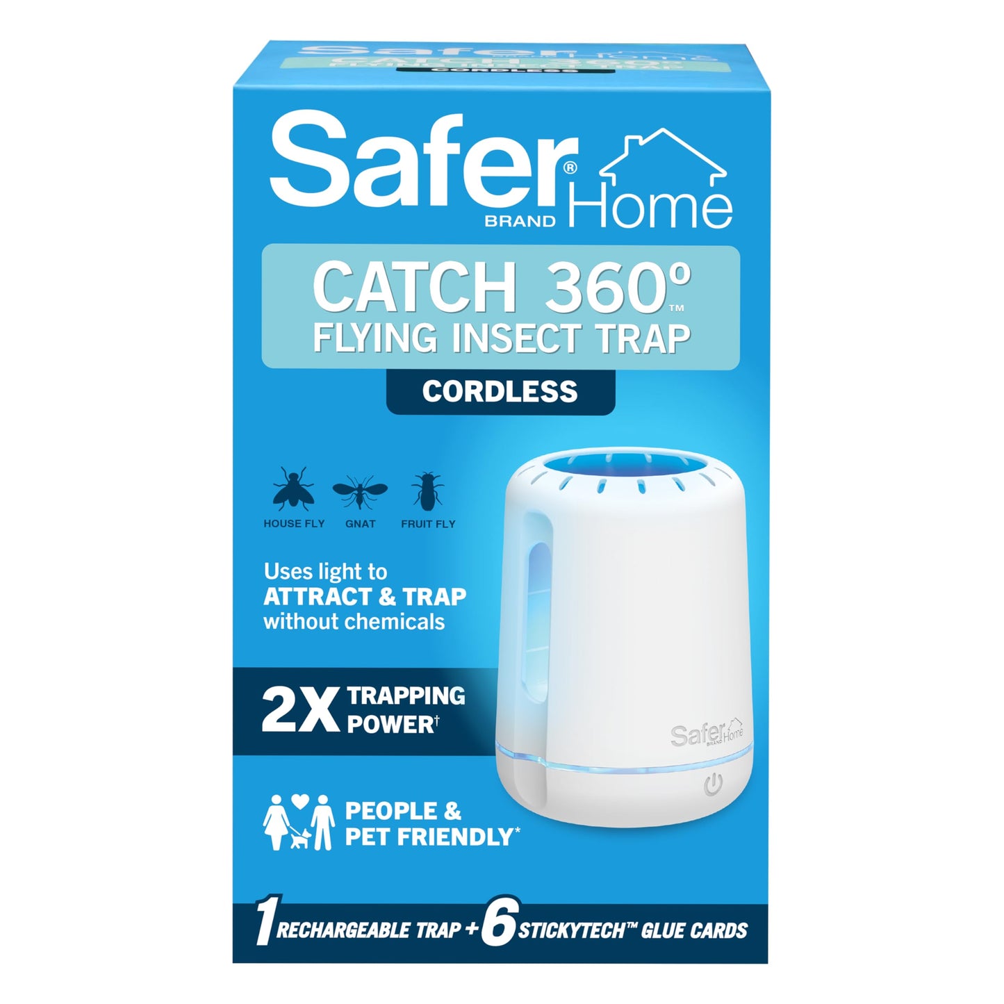 Safer Home Catch 360Â° Cordless Flying Insect Trap, UV LED Light, Chemical-Free, 10 Day Rechargeable Battery, Effective Fruit Fly Traps for Indoors, Gnat Traps for House Indoor, 1 Device + 6 Glue Cards