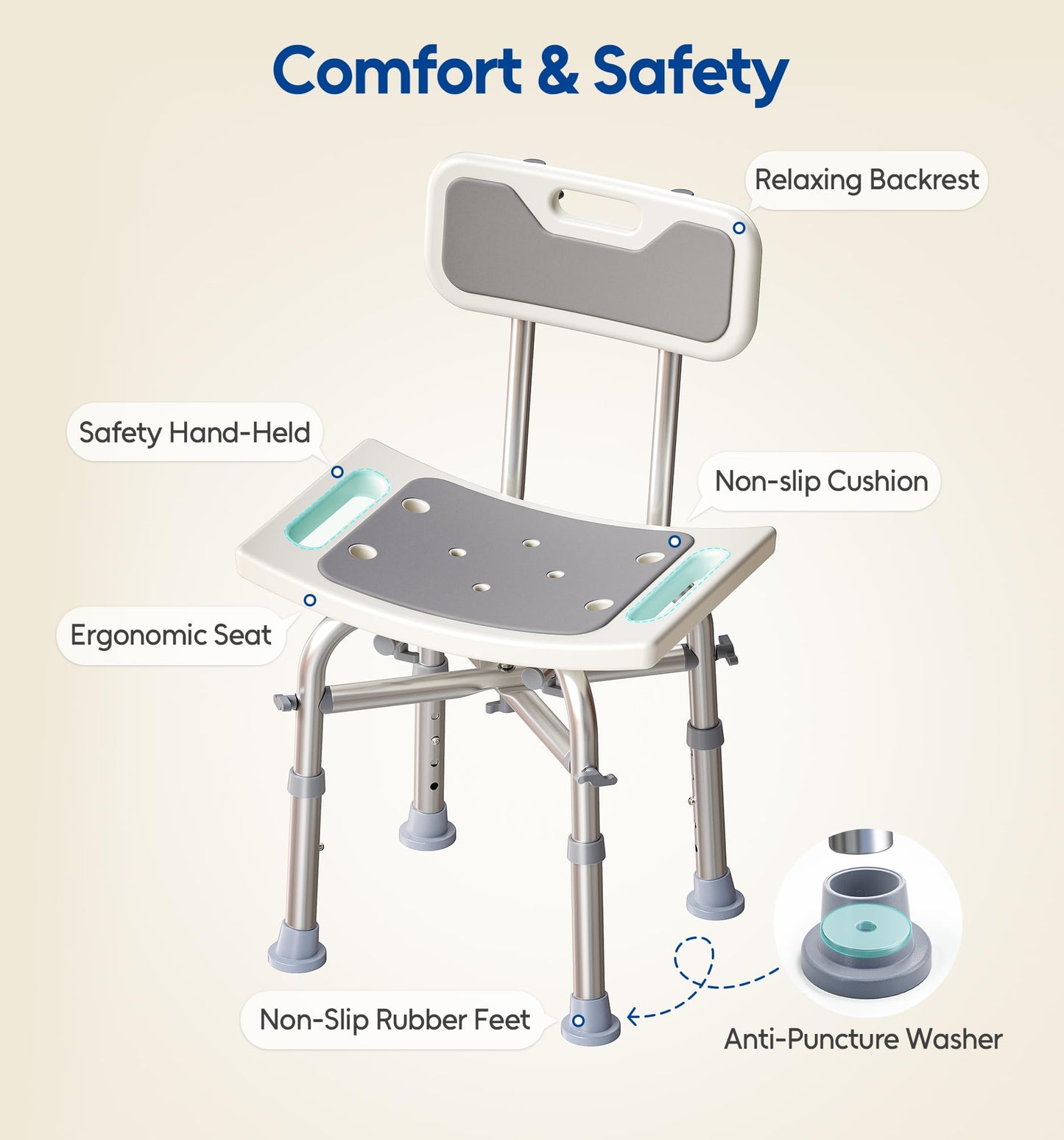 Bluelog Shower Chair with Back for Elderly and Disabled, Shower Seat Bench Stool, Adjustable Height, 350 lbs Capacity, Rectangular