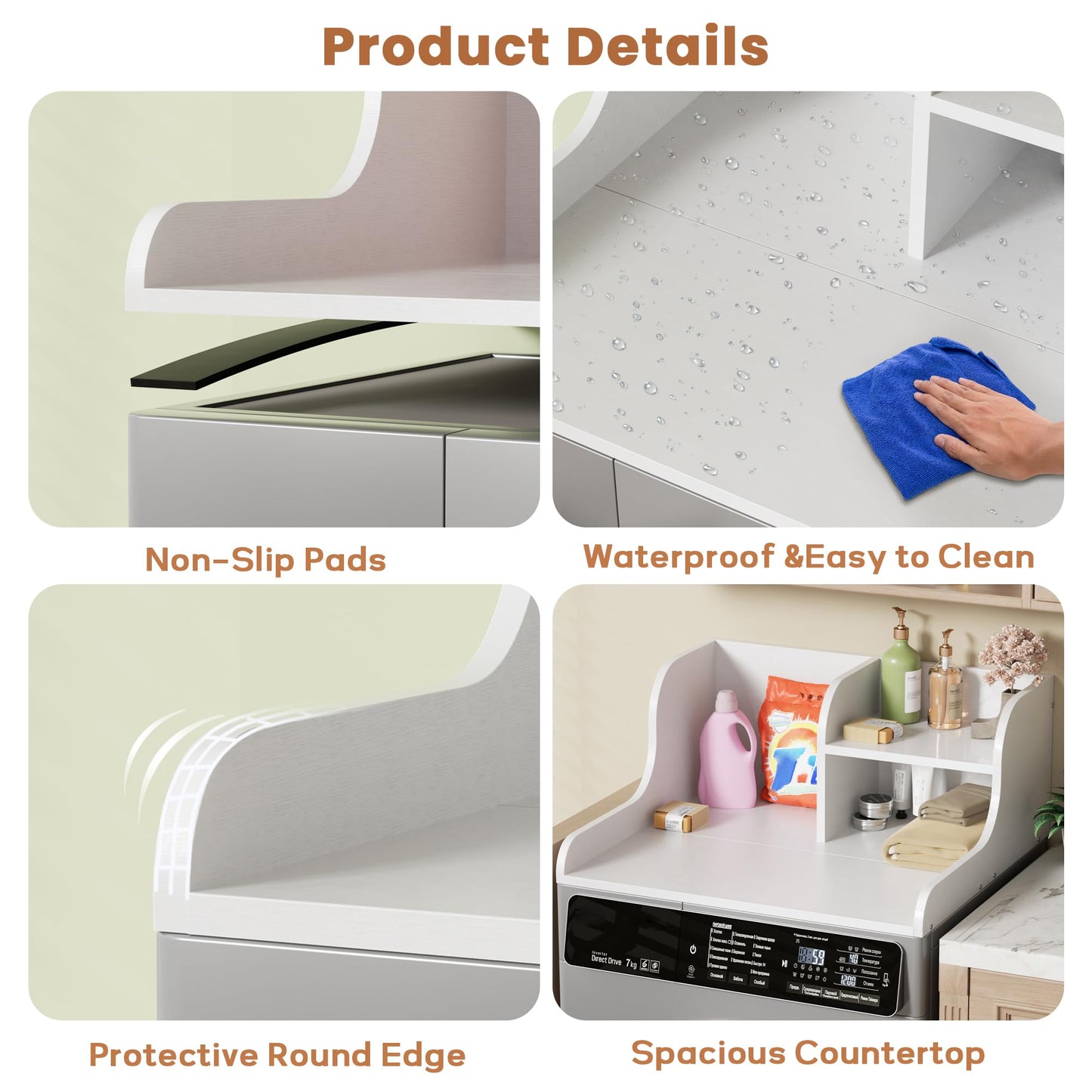 DTK Washer Dryer Countertop with Shelf,27.5" D x 27" W x 11.8" H Wood Countertop for Washer and Dryer,Laundry Countertop with Anti-Slip Strips and Edge Rails,Dryer Countertop for Laundry Room(White)