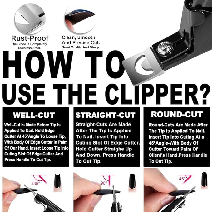Black Premium Adjustable Stainless Steel Artificial Acrylic Fake False Nail Tip Clipper Cutter Trimmer Manicure Pedicure Sharp Blade Clip Tool For Salon Home Nail Art Beauty Design DIY