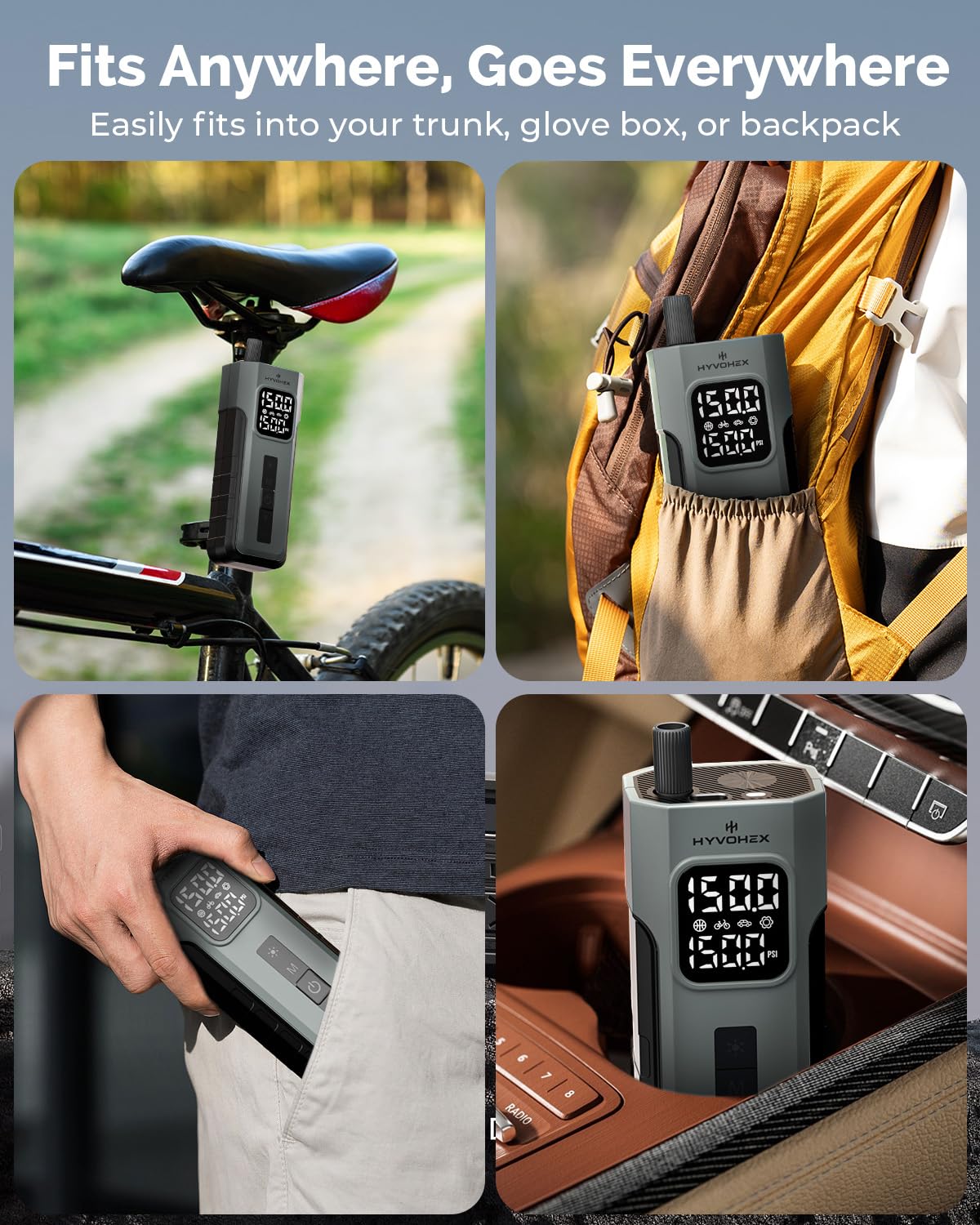 Tire Inflator Portable Air Compressor, 1 Min Fast Inflation Cordless Bike Pump with Digital Pressure Gauge LED Light, 150 PSI Electric Air Pump for Car Tires, Bicycle, Motorcycle, Ball (Grey)