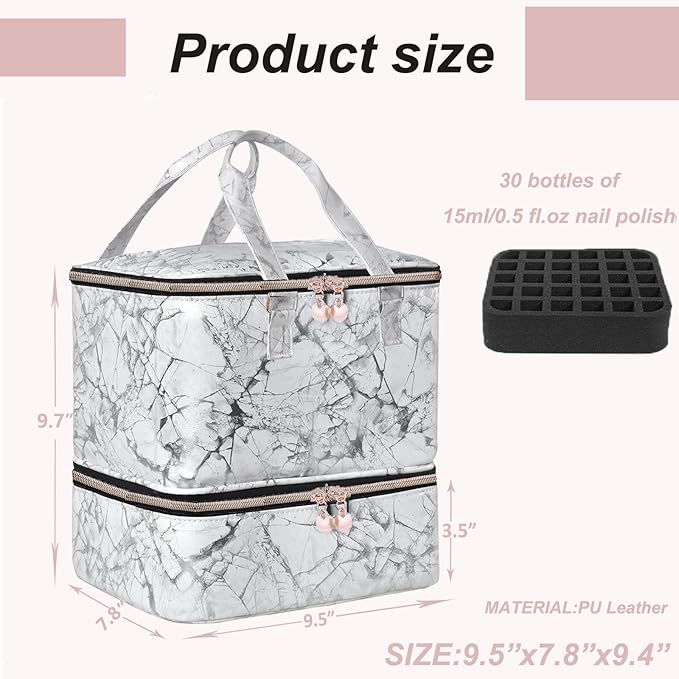 Nail Polish Organizer Case - Holds 30+ Bottles (15ml/0.5 fl.oz) and 1 Nail Lamp, Upgraded Double-layer Nail Polish Carrying Case Nail Polish Storage Bag with Handles (WHITE)