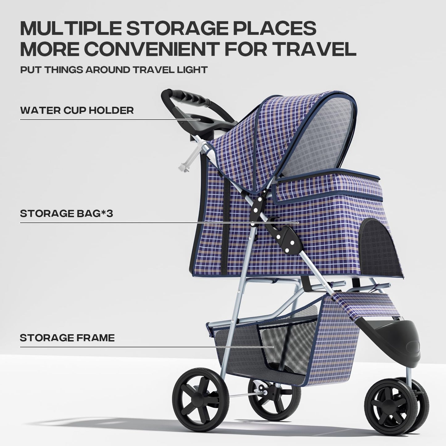 Pet Stroller for Small Dogs 10 lbs, Dog Stroller for Medium Dogs 30 lbs, Cat Strollers for 2 Cats, 3 Wheels Foldable Jogger Puppy Stroller with Storage Basket and Cup Holder, Plaid