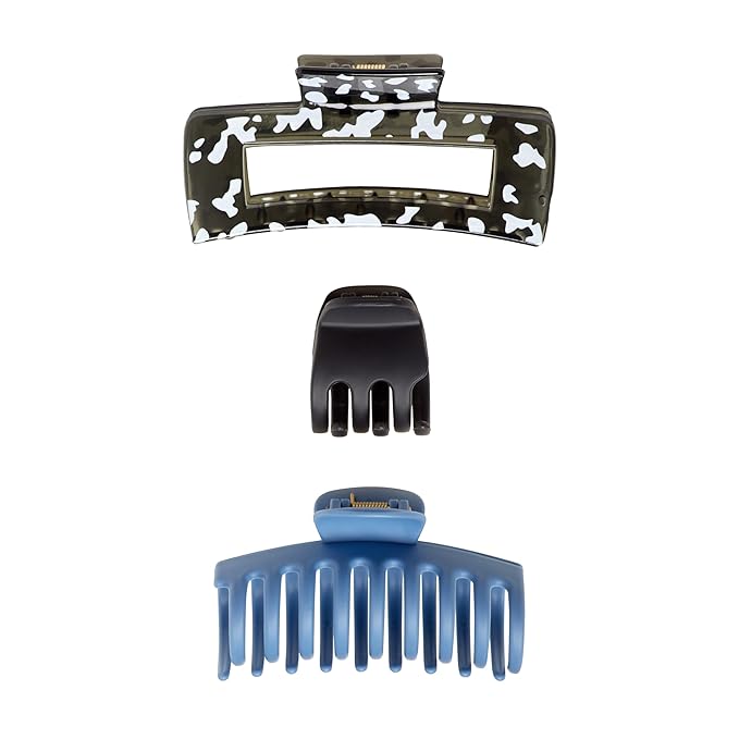 Goody SlideProof Rectangular Claw Clips, 3 Ct - 1 Small + 2 Large Claw Clips, Cool Tones, Styling Accessories with Secure Grip, Hair Accessories for Women & Men, For All Occasions, All Hair Types