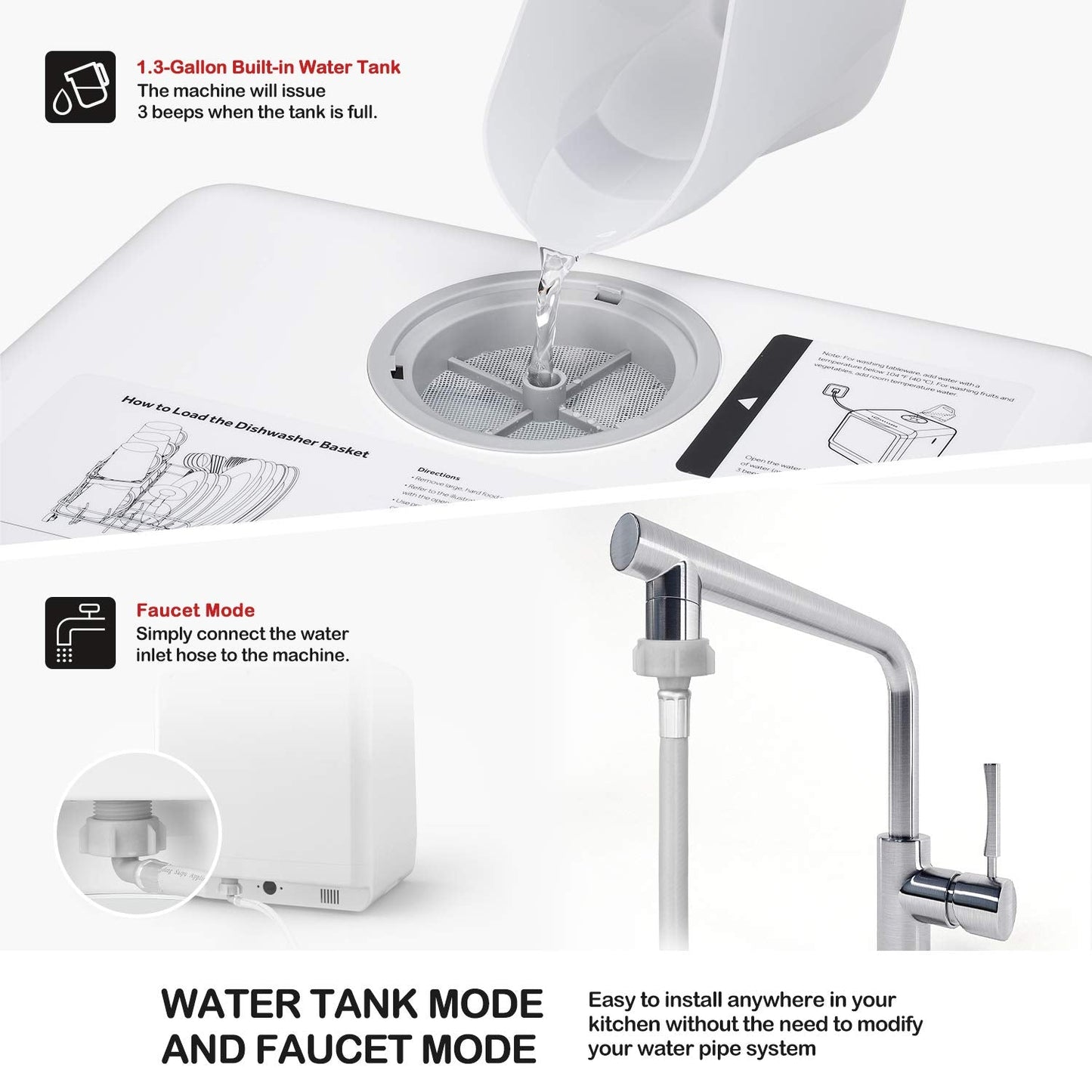 NOVETE Portable Countertop Dishwashers, Compact Dishwashers with 5L Built-in Water Tank & Inlet Hose, 5 Washing Programs, Baby Care, Air-Dry Function and LED Light for Small Apartments