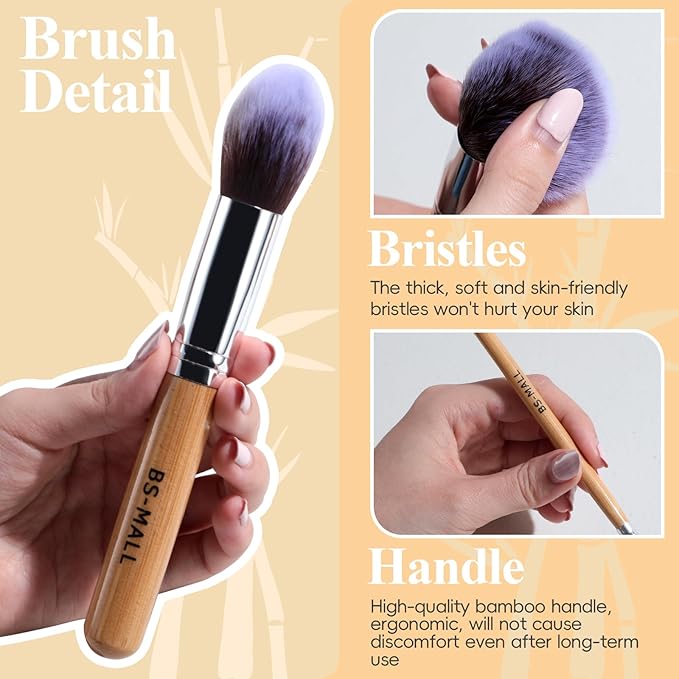 BS-MALL Makeup Brush Set 11Pcs Bamboo Synthetic Kabuki Brush Set Foundation Powder Blending Concealer Eye shadows Blush Cosmetics Brushes with Organizer Bag & Makeup Sponge (Bamboo 17)