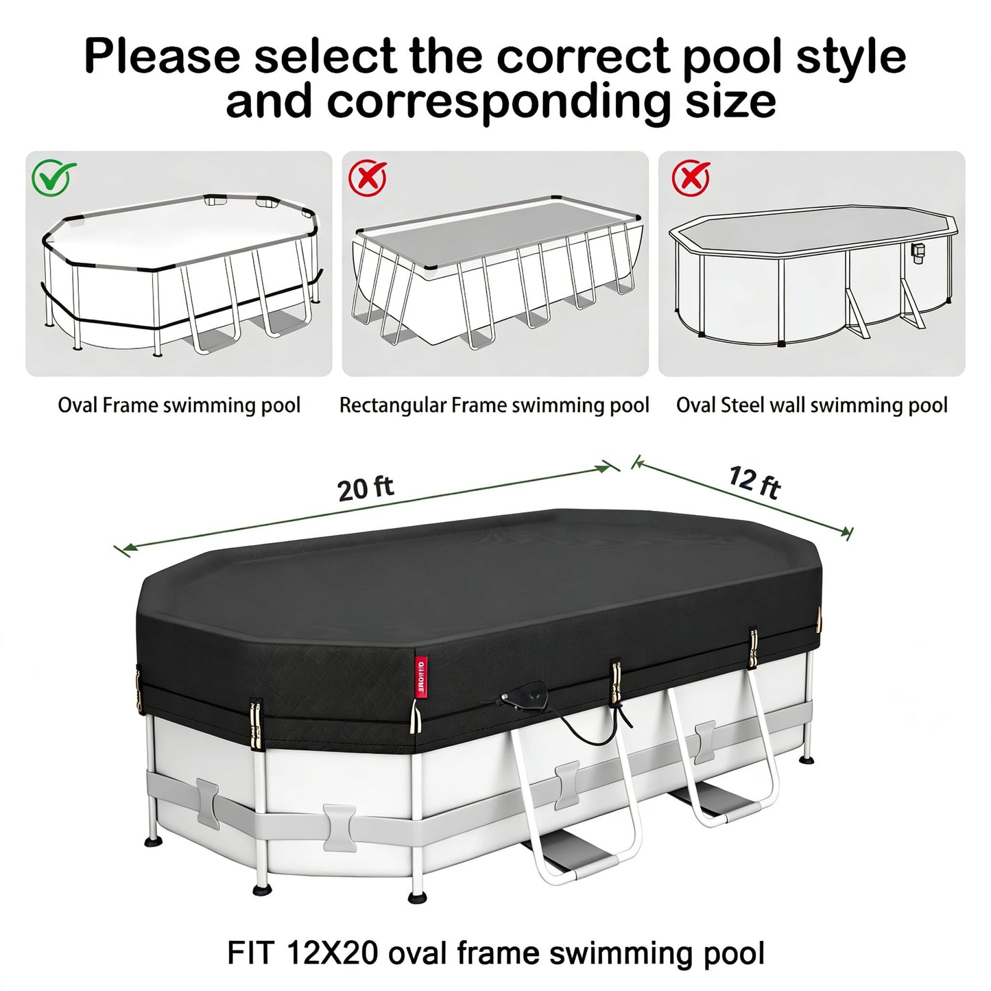 QH.HOME 12X20ft Oval Pool Cover,[Ultimate Windproof & Tear-Resistant Fabric],Snug Fit with Patented Ratchet & Weight Rings,Solar Pool Cover for Above Ground Pools, Blocks Leaves &Waterproof