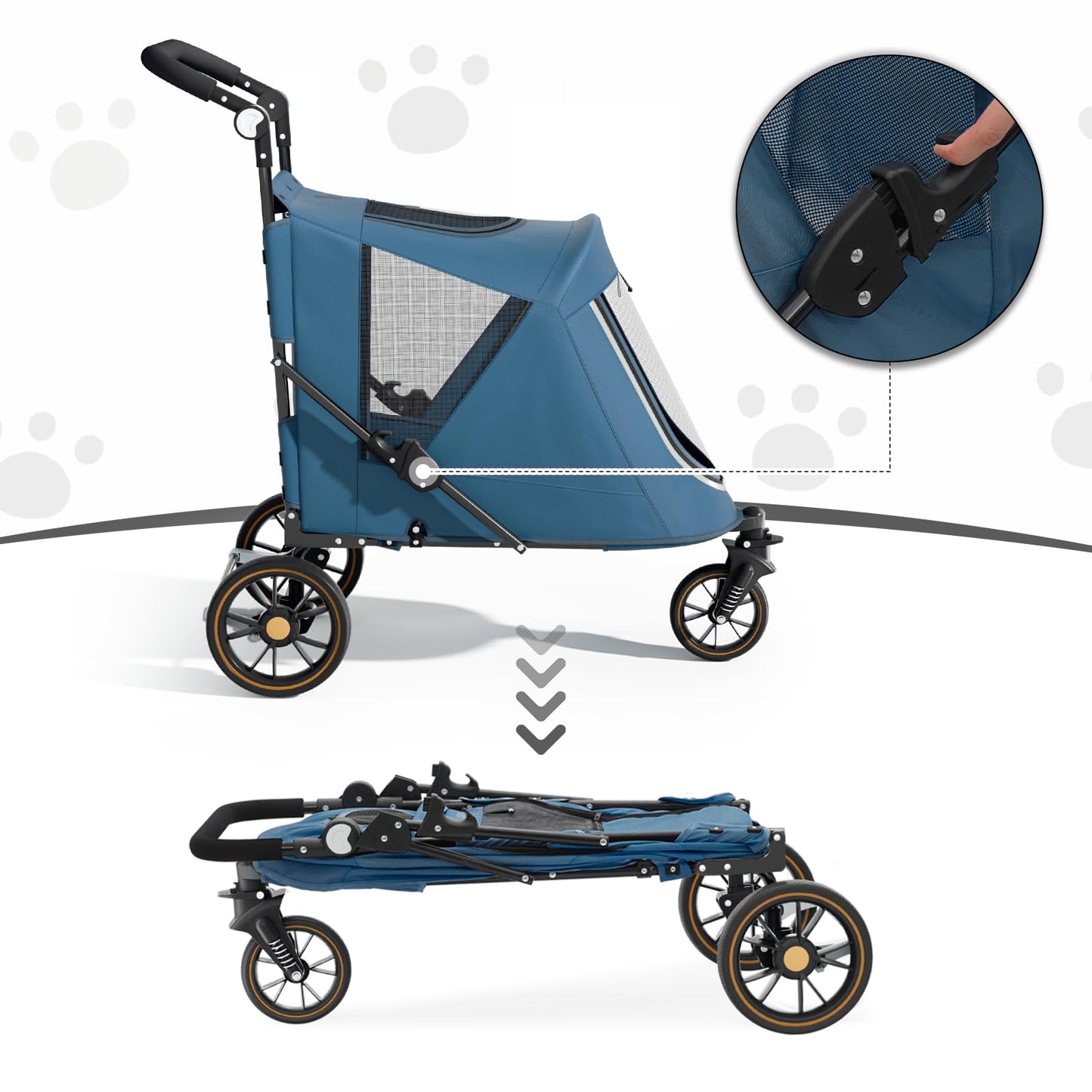 MoNiBloom Pet Stroller for Large Dogs or Multiple Dogs Cats with Adjustable Handle, 3-Wheels Dual Entry Portable Dog Carting Easy Folding Pet Wagon Double Dog Stroller up to 55 lbs, Navy Blue