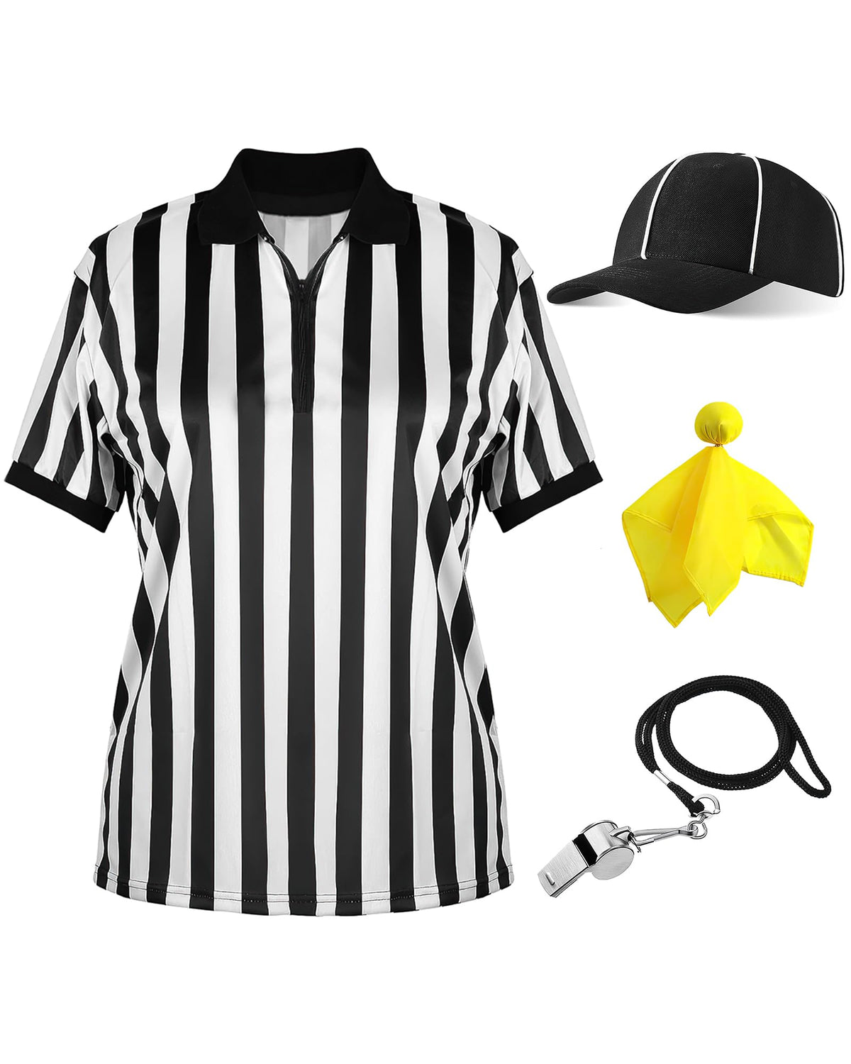 Vivrerizo Referee Shirt Costume Set - 4 Pcs Black and White Striped Ref Jersey Yellow Penalty Flag and Whistle for Halloween Umpire Football Soccer Costume Cosplay