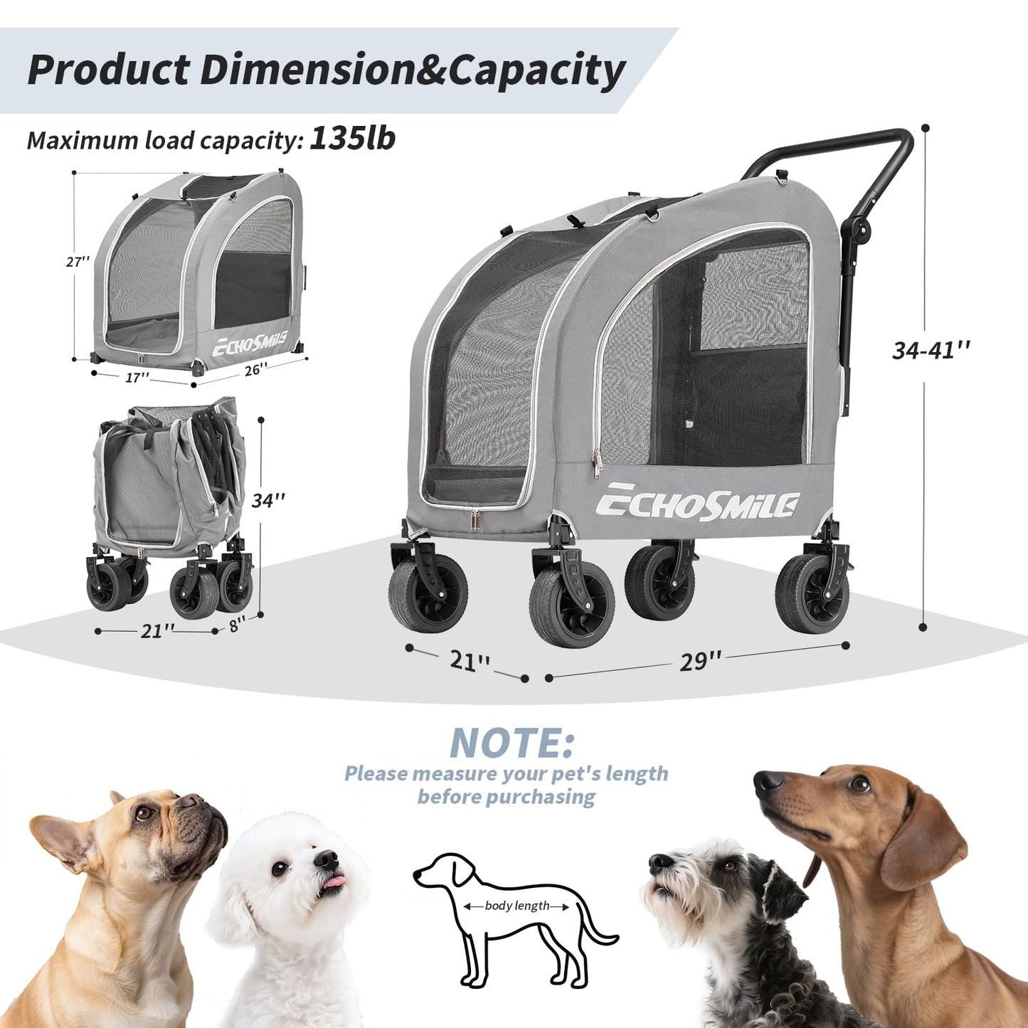 EchoSmile 4 Wheels Pet Stroller, Dog & Cat Stroller for All-Season, Lightweight Carrier with Storage Basket, Adjustable Handle, Removable Pad, Breathable Mesh, Up to 135 lbs, Grey