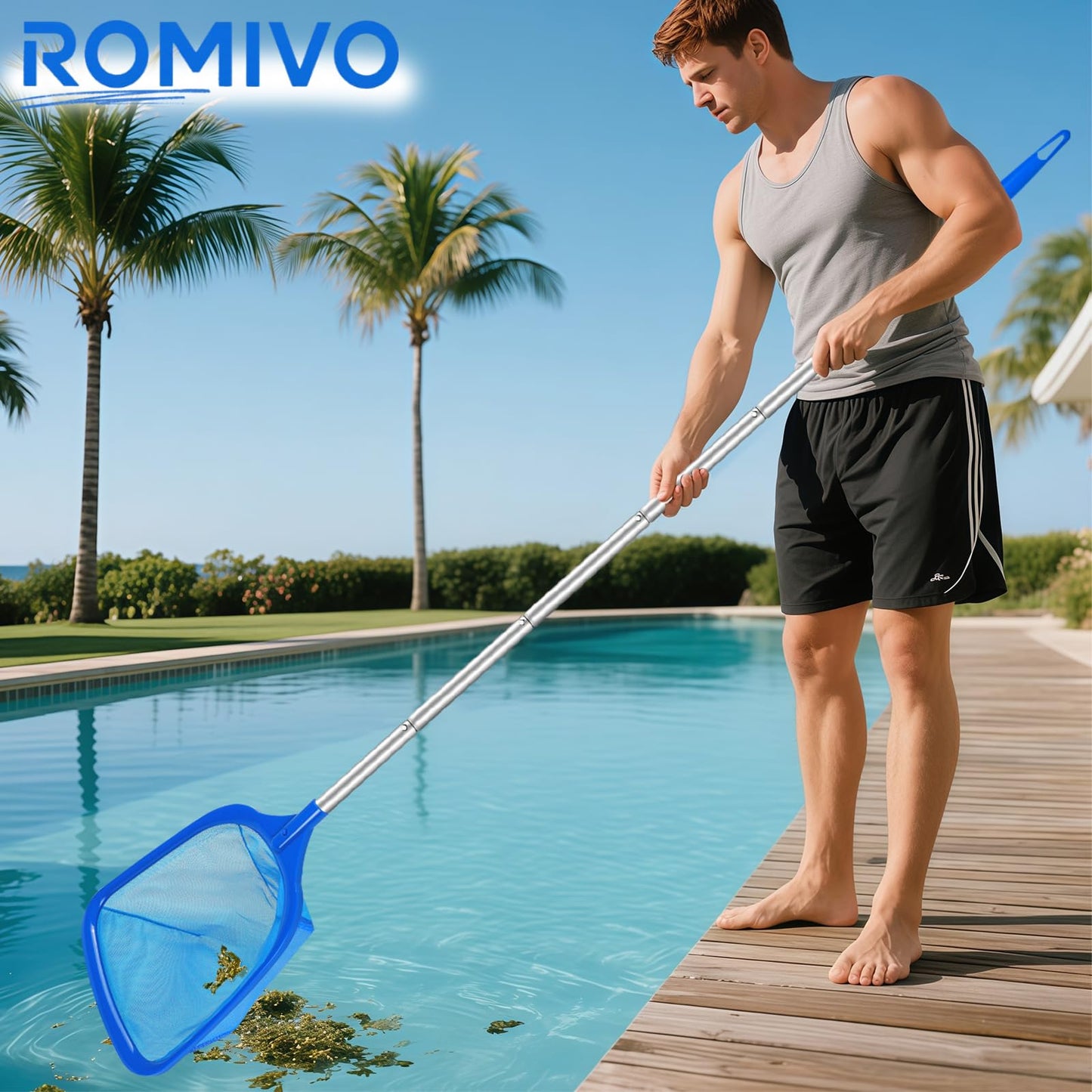 ROMIVO Hot Tub Pool Skimmer Net with Pole for Above Ground Inground Pool, Fine Mesh Pool Net Skimmer for Hot Tub Spa Fountain Pond, Pool Nets for Cleaning Length 31.7'' to 5.7 FT
