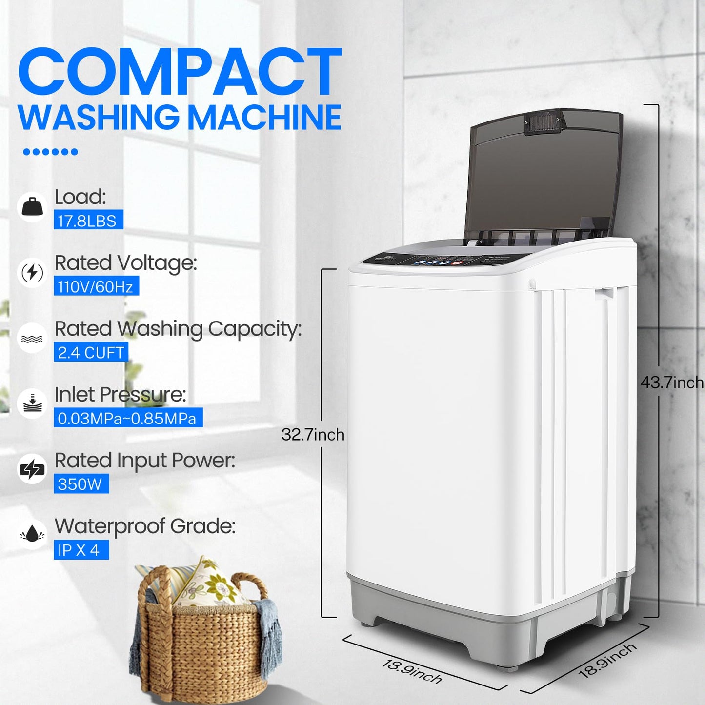 Nictemaw Portable Washing Machine 17.8Lbs Portable Washer 2.4 Cu.ft Full Automatic Compact Laundry Washer with 10 Programs 8 Water Levels, Built-in Drain Pump, Energy Saving for Apartment Home RVs