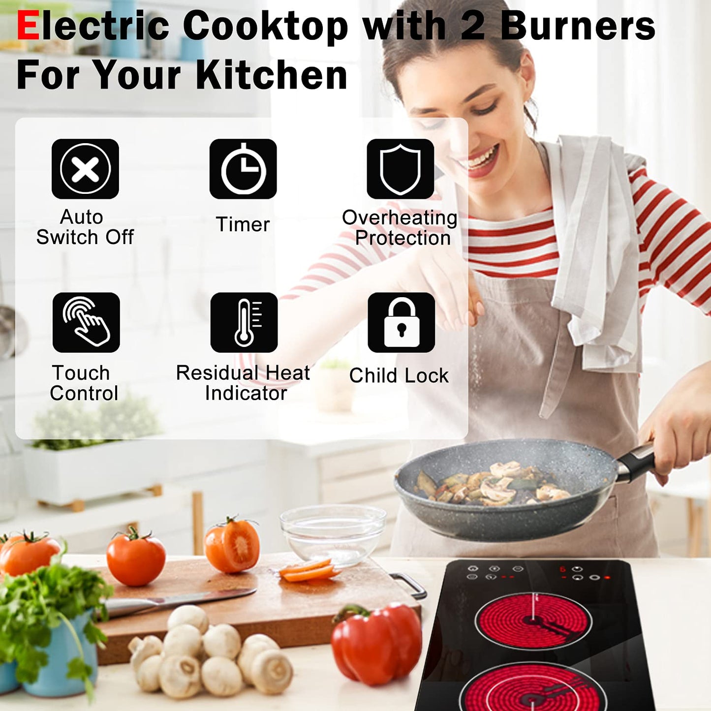 Karinear 2 Burner Electric Cooktop 12 Inch, Drop-in Radiant Cooktop 220v - 240v with Child Safety Lock, Timer, Residual Heat Indicator, 3200W, Hard Wired, No Plug Electric Stove Top