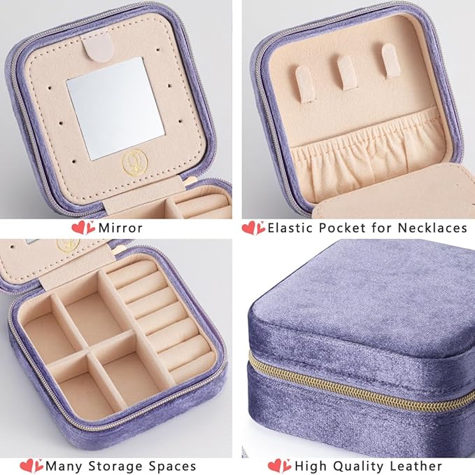Plush Velvet Travel Jewelry Case, Mini Jewelry Box, Small Jewelry Organizer Portable Display Storage Case, for Girls Women (Periwinkle Blue-With Mirror)