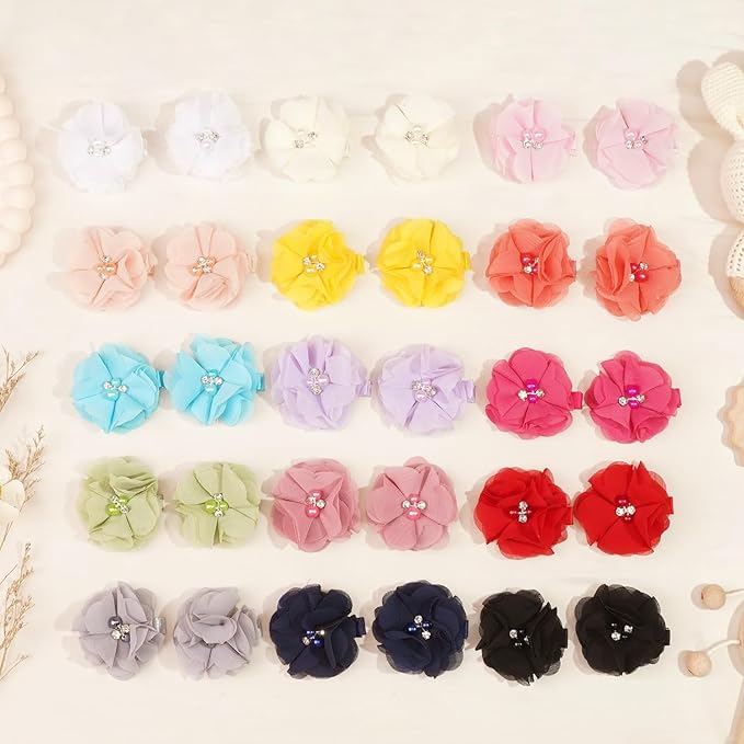 DeD 30PCS 2" Chiffon Flower Hair Bows Clips with Rhinestone Pearl Flower Tiny Hair Clips Fine Hair for Girls Infants Toddlers Set of 15 Pairs