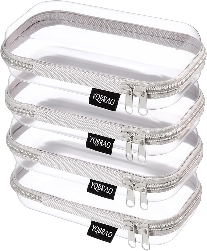 YQBRAO 4-Pack Clear Hard Shell Zipper Case, 1.2mm Ultra-Thick Diaper Bag Organizer Pouches, Rigid Self-Standing Travel Makeup Bags with YKK Zippers, TSA Approved, Gray