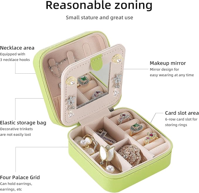 KElofoN Travel jewelry case Travel jewelry box Travel Jewelry Organizer Small Jewelry Organizer Box Gift for Girls Women with Mirror(Grass green)