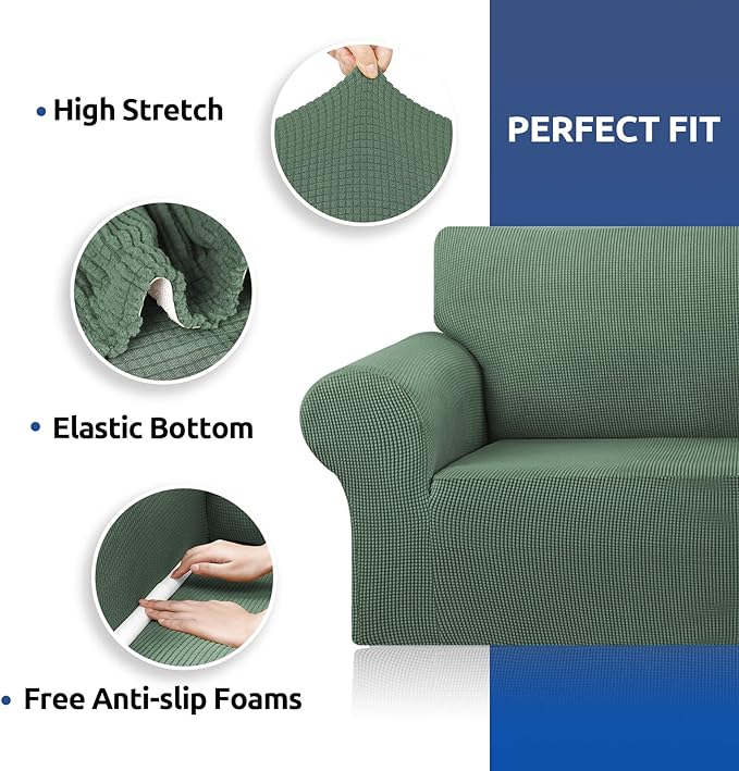 KEKUOU Stretch Sofa Cover Slipcover ，Couch Covers for 3 cushion couch sofa pet friendly (78"-94") Furniture Protector Sofa with Elastic Bottom for Kids,Dog, Jacquard Small Checked(Large,Greyish Green)