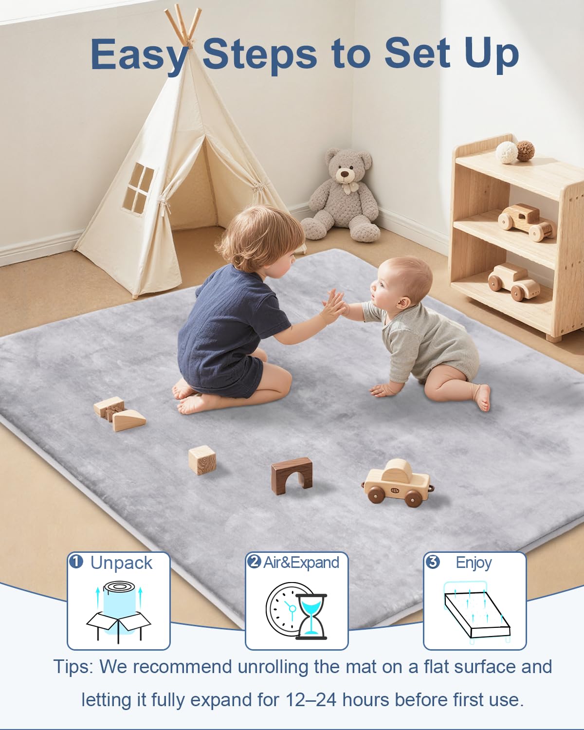 Thick Baby Play Mat for Floor,59 x 71 Playpen Mat,Large Tummy Time Foam Mats,Soft Support & Plush Feel Nursery Kids Rug,Easy Care with Non-Slip Cushioned for Infant,Kids and Toddler Crawling,Grey