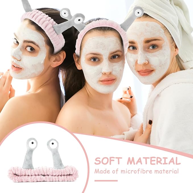 Face Wash Headband, Palm and Snail Spa Hair Bands Makeup Headbands Women Cartoon Cute Coral Fleece Elastic Headband Creative Hair Accessories for Washing Face Shower Sports (Pink&Grey)