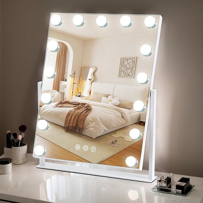 Vanity Mirror with Lights, 17'' x 13'' Lighted Makeup Mirror for Desk, Hollywood Mirror with 15 Dimmable Bulbs, 3 Color Modes, Smart Touch Control, 360°Rotation, Gifts for Girls