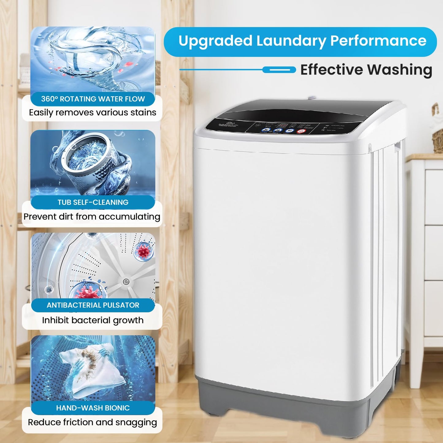 Nictemaw Portable Washing Machine 17.8Lbs Portable Washer 2.4 Cu.ft Full Automatic Compact Laundry Washer with 10 Programs 8 Water Levels, Built-in Drain Pump, Energy Saving for Apartment Home RVs