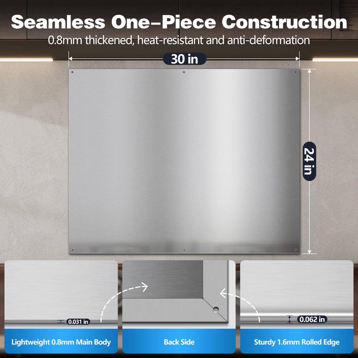 SNDOAS Stainless Steel Backsplash for Stove 30"x24" Stove Backsplash Protector for Wall w/ 6 Pre-Drilled Holes,Ultra Thin Brushed Metal Panel Splatter Guard, Heat&Oil Resistant,Easy Install