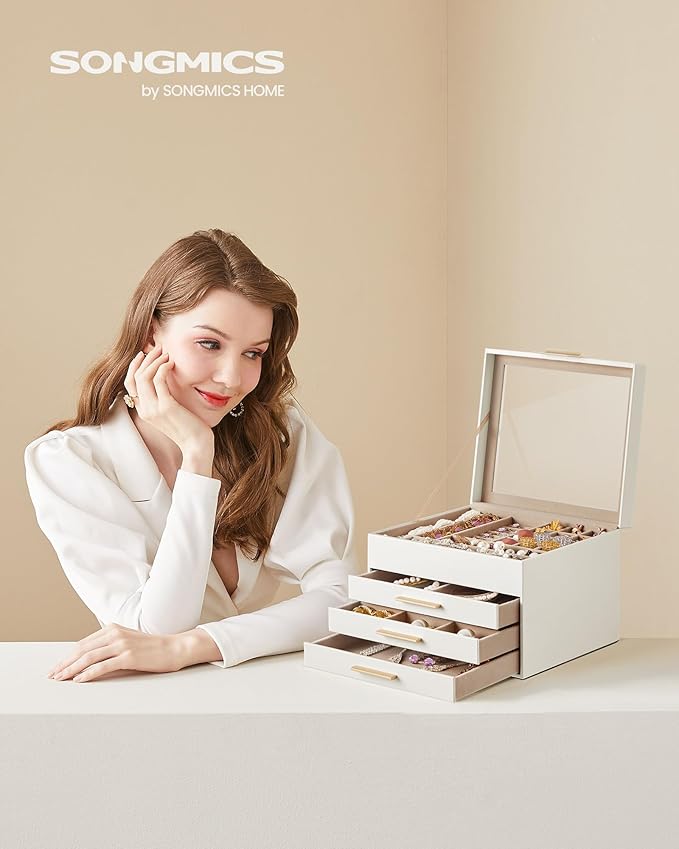 SONGMICS GISELLA Collection - Jewelry Box Organizer, 4-Layer Jewelry Storage with 3 Drawers, Shiny Metal Hardware, Glass Lid, Modern, 8 x 9.1 x 6.5 Inches, Cloud White and Gold Color UJBC173W01