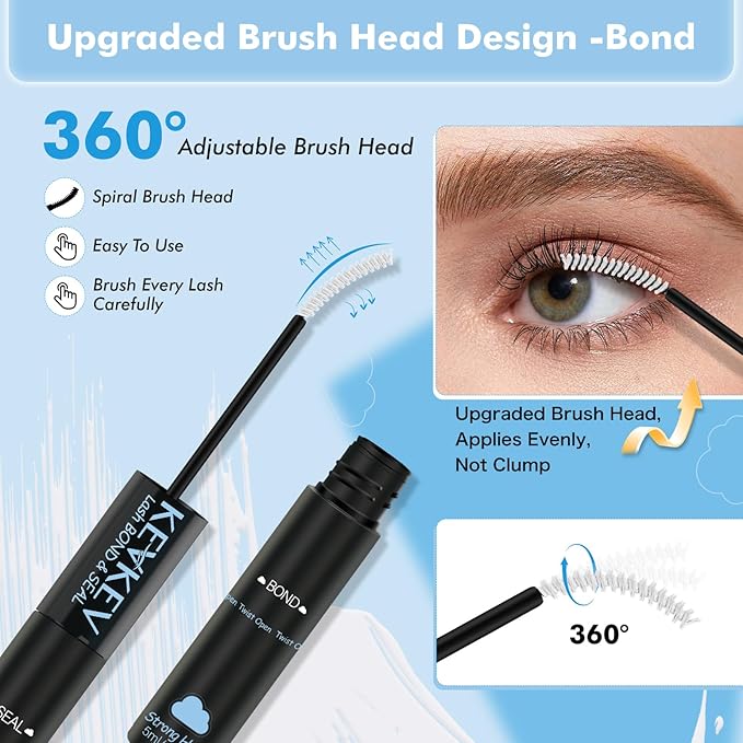 KEVKEV Lash Cluster Glue Upgraded Clear Lash Glue 7 Days Long Lasting 2-3S Fast Dry Lash Bond and Seal 2 in 1 Waterproof Latex-Free Easy To Apply (Clear 10ML)
