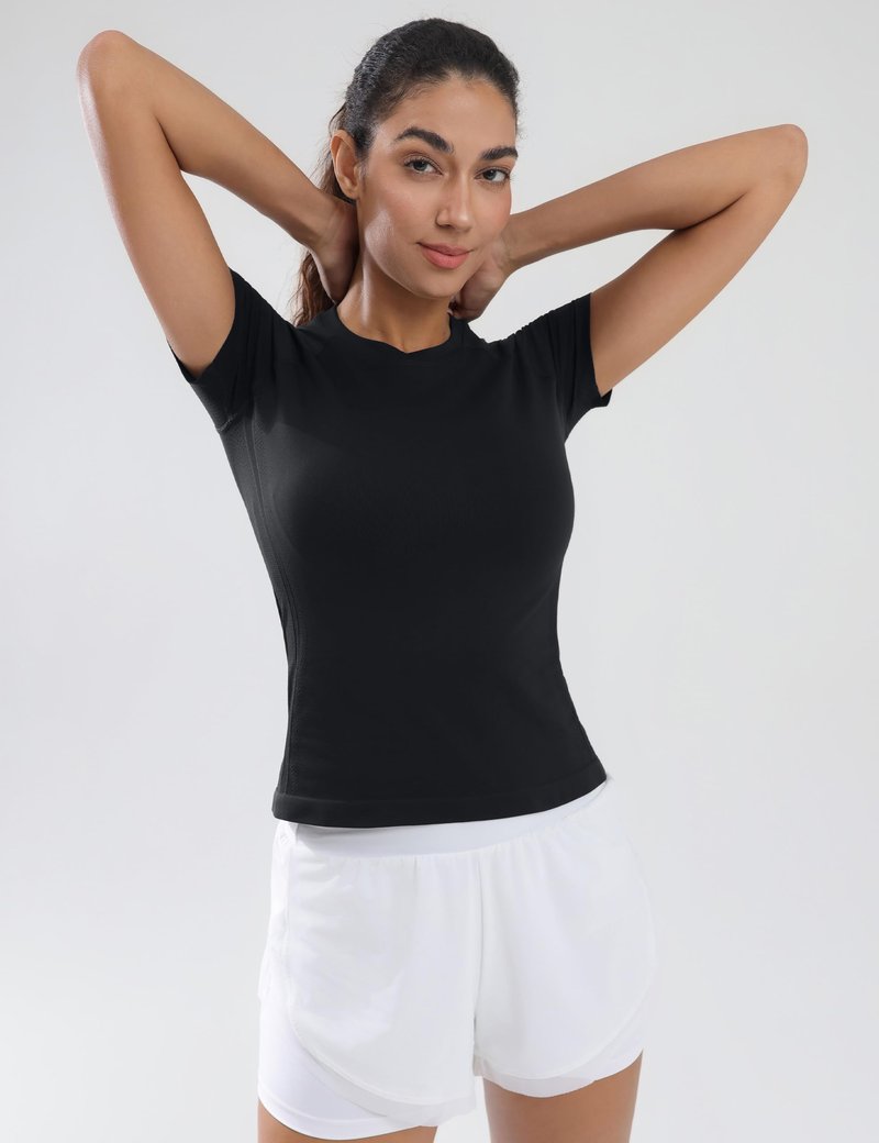 Nyvalle Workout Tops for Women Hip Length Athletic Running Gym Yoga Short Sleeve Shirts Seamless Breathable Crewneck Tees Black