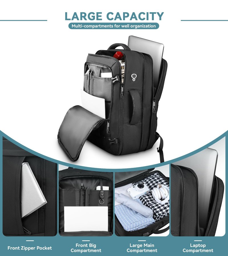 Travel Backpack, 50L Expandable Extra Large Laptop Backpack, Carry On Backpack Airline Approved Water Resistant Business Suitcase Daypack Bag Fits 17 Inch Laptops, Travel Gifts for Men Women, Black