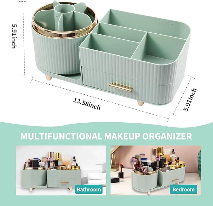 Makeup Organizer Countertop with Drawer 360 Rotating Brush Holder Storage Large Capacity Skincare Cosmetic Display Cases for Vanity Bathroom Desktop, Model 3016 Green
