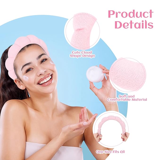 Pink Spa Headbands for Women and Girls - Terry Cloth for Washing Face, Makeup Removal, Shower, and Hair Care