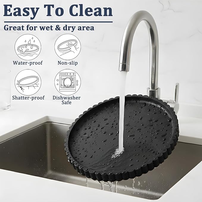 HighHerz Silicone Bathroom Countertop and Vanity Tray, Round Silicone Bathroom Tray, Modern Bathroom Decor, Coffee Table Decor, Decorative Tray for Candle, Perfume, Plants (Black, 9 inch)