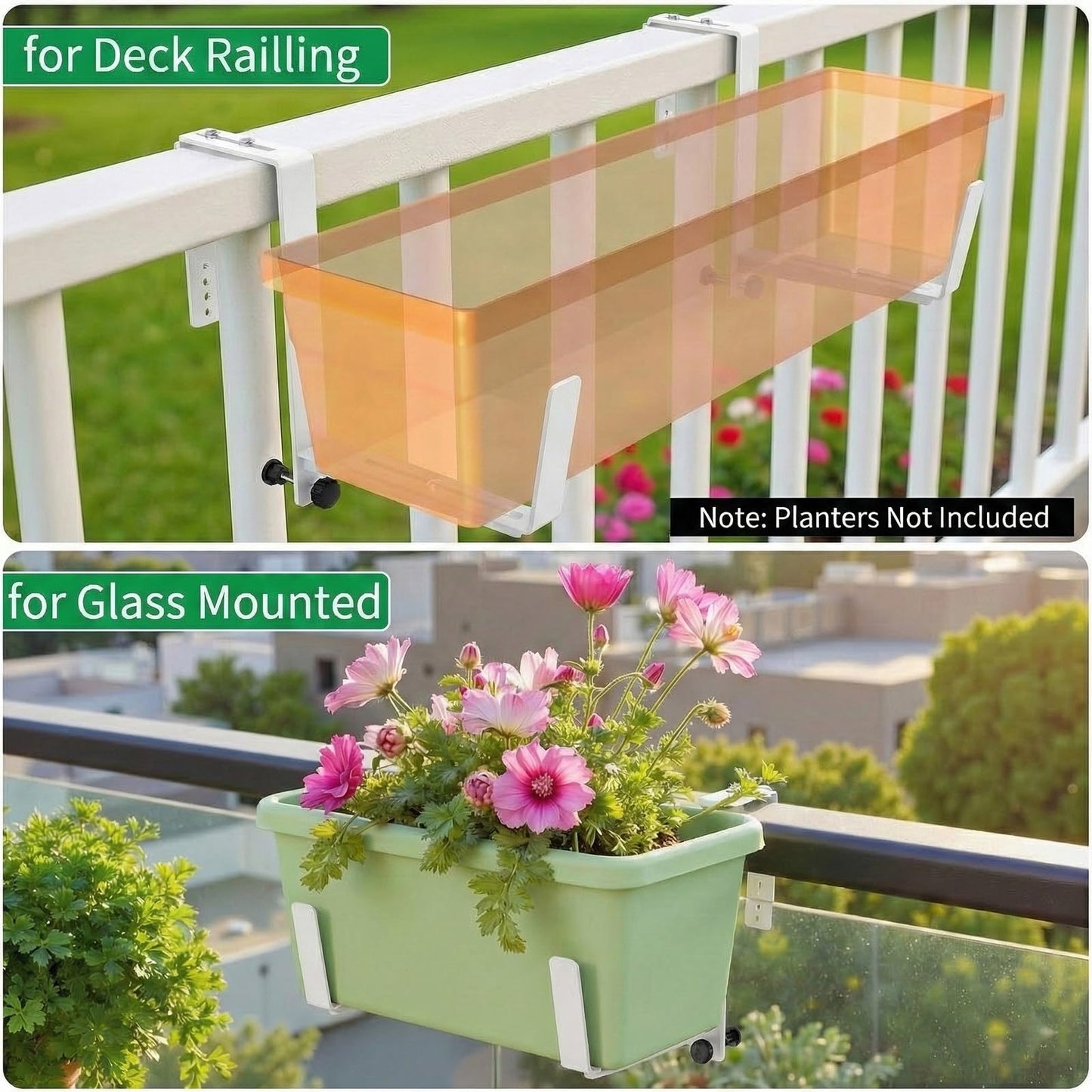 Window Box Brackets, Adjustable Planter Box Brackets, Heavy Duty Iron Flower Box Brackets for Railings, with Enhanced Bottom Support - Perfect for Balconies, Fences, and Gardens (White, 4 Pack)