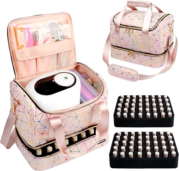 Nail Polish Organizer Holds 80 Bottles (15ml/0.5 fl.oz)& Nail Lamp, PU Leather Nail Organizers and Storage Bag with Shoulder Strap, Portable Nail Supplies Kit Organizer Carrying Case (Pink)