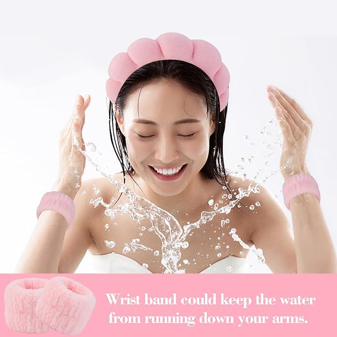 SuPoo 6pcs Pink Spa Headband and Wristband Set - Makeup Sponge Headband, Puffy Skincare Headbands, Cute Wrist Towels with Hair Ties - Teen Girl Gifts, Trendy Stuff