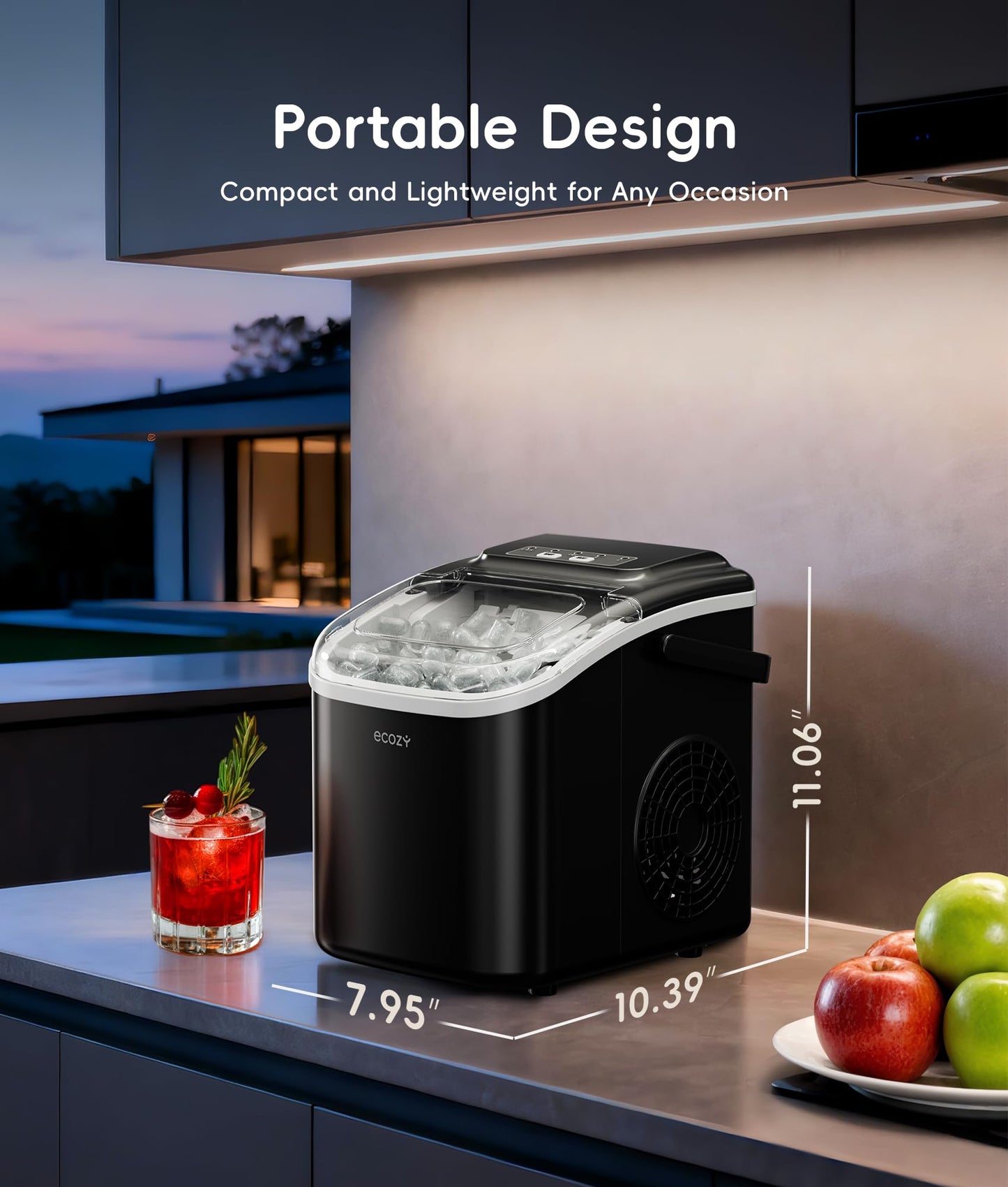 ecozy Portable Ice Makers Countertop, 8 Cubes in 6 Mins, 26lbs/Day, Bullet Ice Maker Machine with 2 Ice Sizes, Self-Cleaning Ice Maker with Carry Handle for Home/Kitchen/Party/Travel - 2026 Version