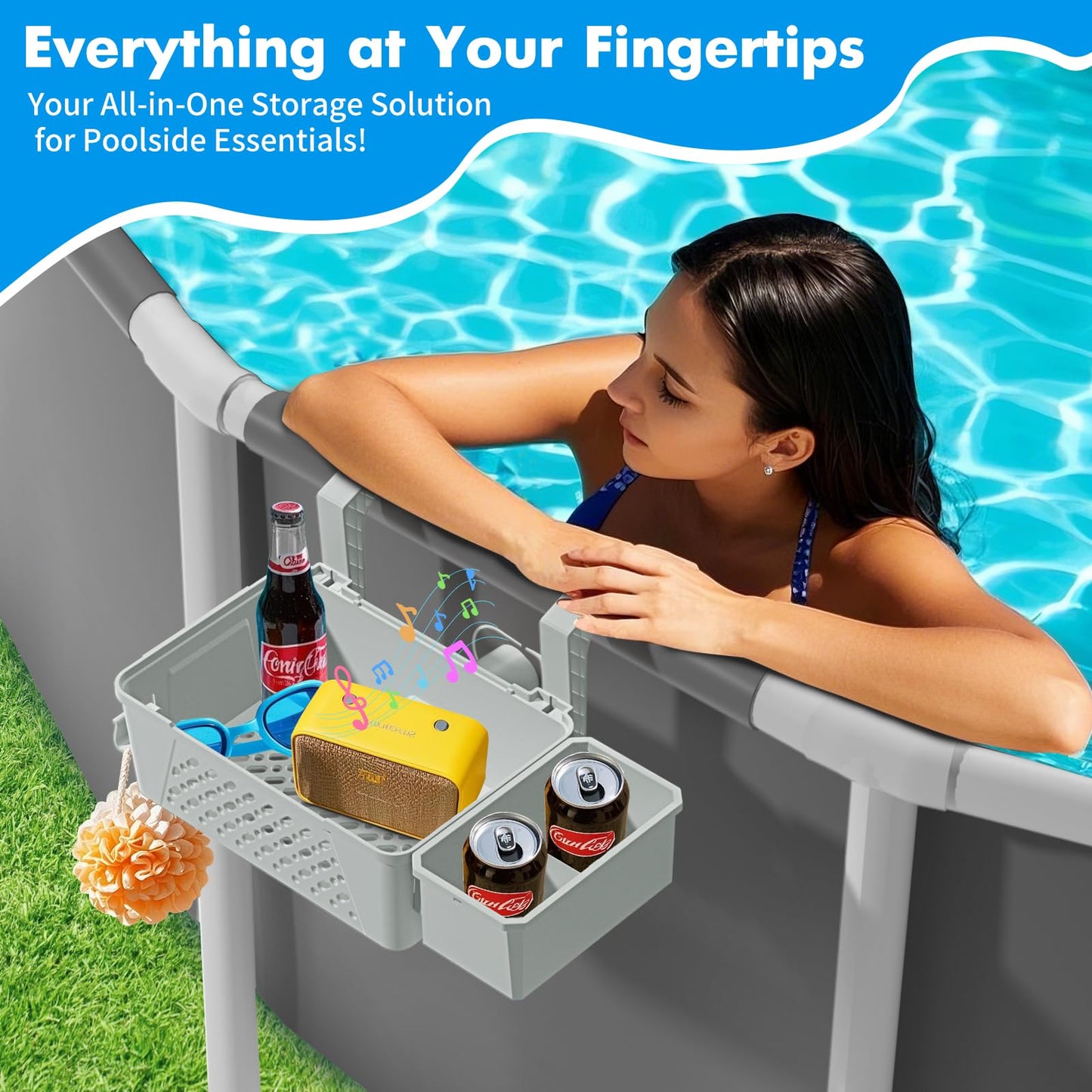 Poolside Storage Basket 2 Pack - Above Ground Pool Accessories, Swimming Pool Storage Baskets with Cup Holders,Fits 3” or Smaller Top Rails,Versatile Organizer for Pool Toys,Towels,Beverages (Grey)